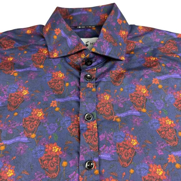 Blake Mill Men's Purple Red Skull Roses Patterned Button Up Shirt Men's XL - Picture 2 of 6